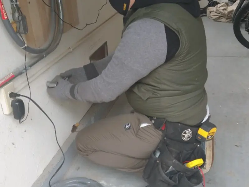 Electrician performing outlet wiring in a Le Mars garage